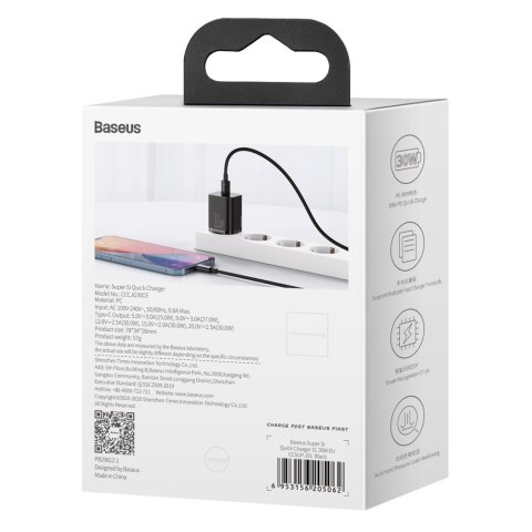 Super Si 1C szybka ładowarka USB-C 30W Power Delivery Quick Charge czarny BASEUS