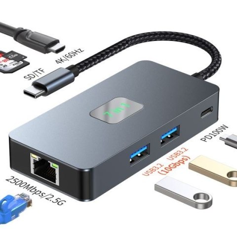 Adapter HUB USB C (7w1) HDMI USB SD/TF RJ45 (2500 Mbps) PD TB