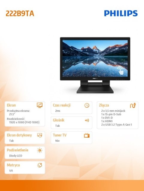 Monitor LCD 222B9TA 21.5 cala VA Touch 10 points Philips