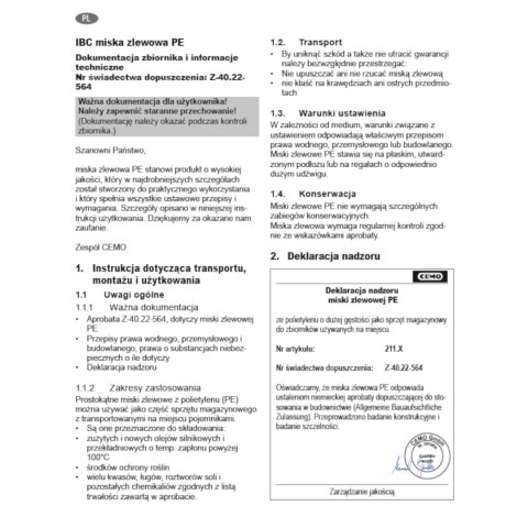 Wanna wychwytowa podstawa pod 1 zbiornik IBC 1100L plastikowa PE CEMO 10950 GSG24