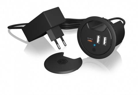 IB-HUB1407 3 Port ładowarka do biurka, 2x USB-A, 1x USB-C, otwór 60mm IcyBox