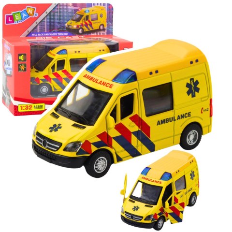 Karetka Ambulans Metalowy Z Napędem Pull Back Światła Dźwięki Żółty 1:32 LEAN Toys