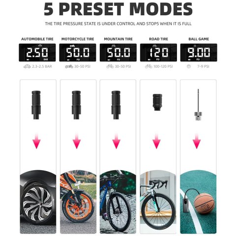 Elektryczna pompka rower motor auto piłka 10 bar z wyświetlaczem LED + kabel USB-C czarna ROCKBROS