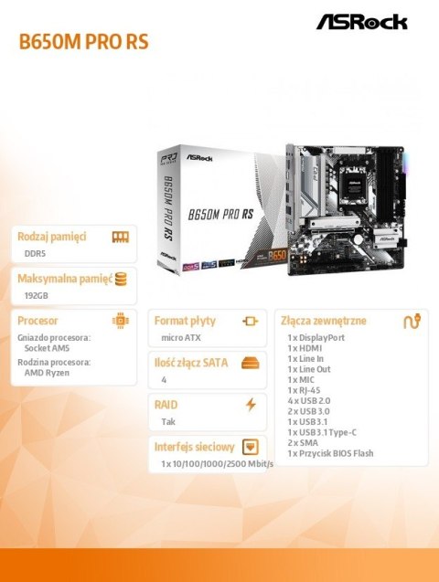 Płyta główna B650M PRO RS AM5 4DDR5 HDMI/DP mATX ASRock