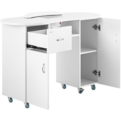 Biurko stolik do manicure kosmetyczny z pochłaniaczem pyłu i szafkami na kółkach 120x50x80 cm biały Physa