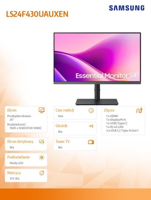 Monitor 24 cale S43UF IPS 1920x1080 FHD 16:9 1xHDMI 1xDP 1xUSB-C 4xUSB-A 3.2 5ms 100Hz HAS+PIV płaski 3YOn-Site (LS24F430UAUXEN) Samsung