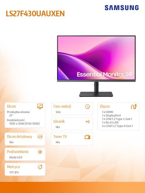 Monitor 27 cali S43UF IPS 1920x1080 FHD 16:9 1xHDMI 1xDP 1xUSB-C 4xUSB-A 3.2 5ms 100Hz HAS+PIV płaski 3YOn-Site (LS27F430UAUXEN) Samsung