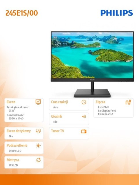 Monitor 245E1S 23.8 cala IPS HDMI DP FreeSync Philips