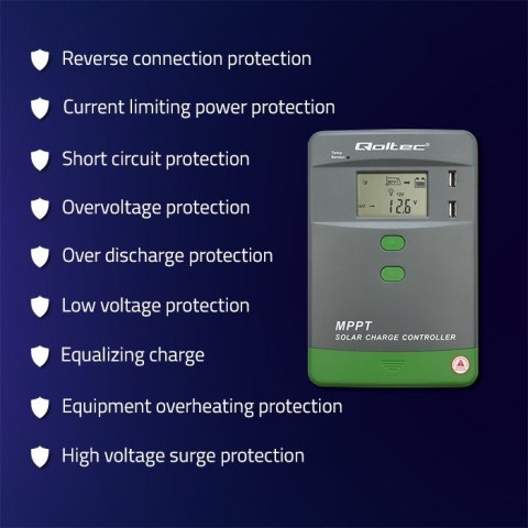 Solarny regulator ładowania MPPT z czujnikiem temperatury 10A | 12V/24V | LCD | 2xUSB | Bluetooth | APP | GEL | LiFePO4 Qoltec