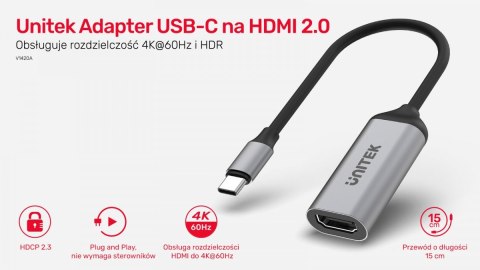 Adapter USB-C - HDMI 2.0; 4K 60Hz; M/F; V1420A Unitek