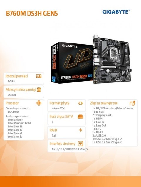 Płyta główna B760M DS3H s1700 GEN5 4DDR5 HDMI/DP/DSUB mATX Gigabyte