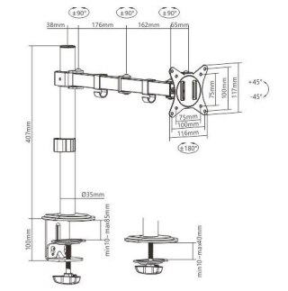 Ramię dla monitora biurkowe (regulowane), 17 cali -32 cale, do 9 kg Gembird