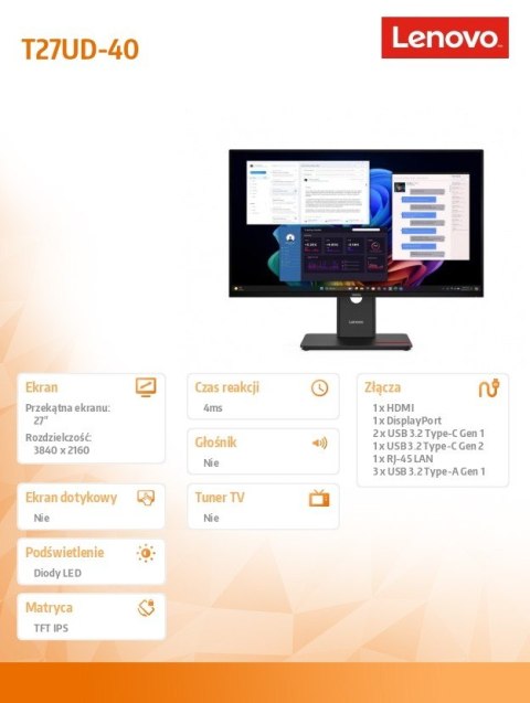 Monitor ThinkVision T27UD-40 27 cali with MC60 64AFZAT2EU Lenovo