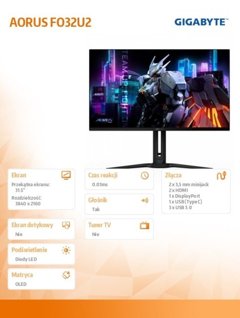 Monitor 31.5 cala FO32U2 OLED UHD 240HZ Gigabyte
