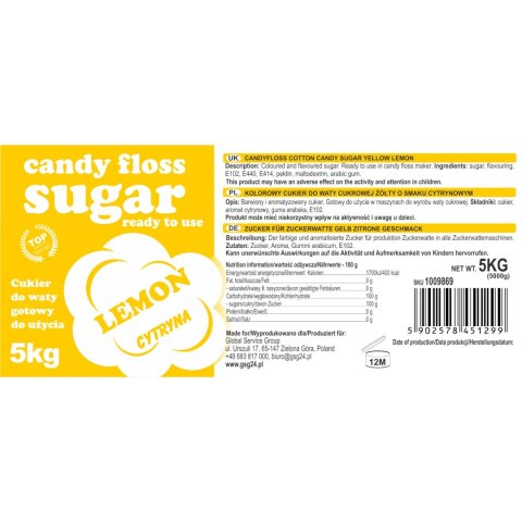 Kolorowy smakowy cukier do waty cukrowej żółty o smaku cytrynowym 5kg GSG24