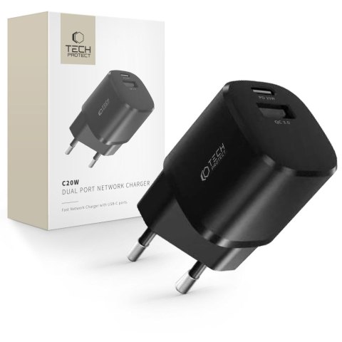 Ładowarka sieciowa C20W mini USB-C PD 20W / USB-A QC 3.0 - czarna Tech-Protect