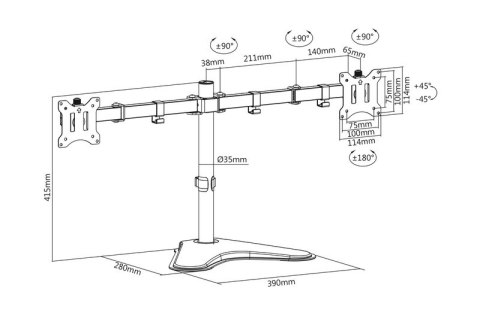 Stojak biurkowy podwójny z zaciskiem 2xLCD max. 32" max. Obciążenie 2x 8kg uchylno-obrotowy czarny Digitus