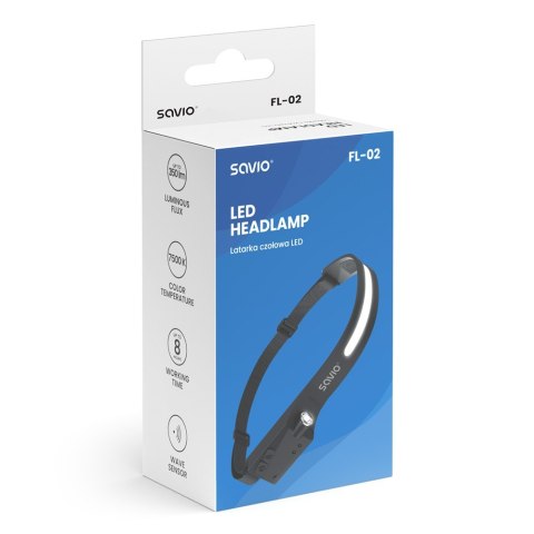 Latarka czołowa LED z czujnikiem ruchu, USB-C, 350 lm, zasięg 80m, FL-02 Savio