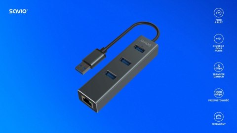 Hub AK-58 3-portowy USB-A 3.1 Gen 1 z adapterem RJ-45 Gigabit Ethernet Savio