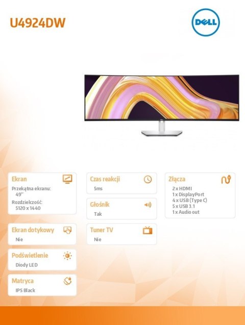 Monitor UltraSharp 49 cali U4924DW LED 5K 32:9 QHD/DP/HDMI/5xUSB Dell
