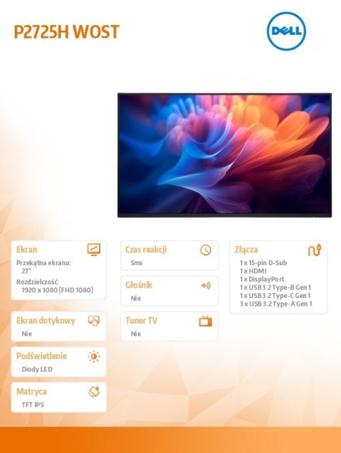 Monitor 27 cali P2725HWO IPS LED FullHD(1920x1080)/16:9/HDMI/DP/USB-C/ VGA/USB/Bez podstawy/3Y Dell
