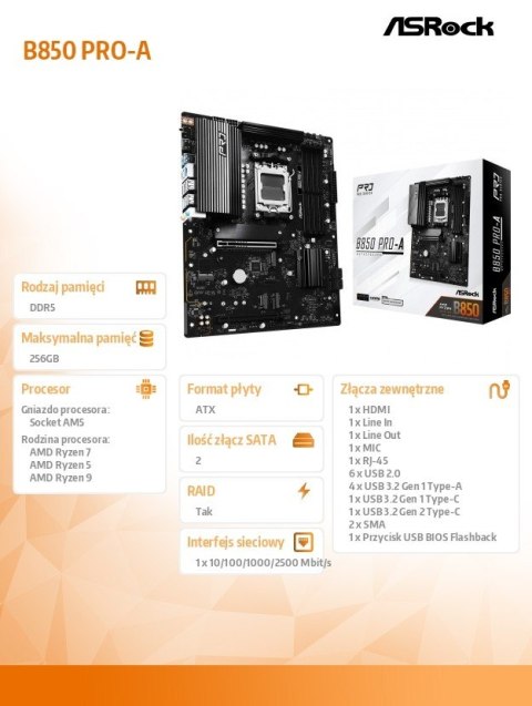 Płyta główna B850 PRO-A AM5 4DDR5 ATX ASRock
