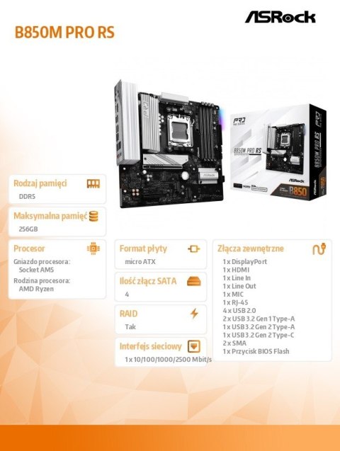Płyta główna B850M PRO RS AM5 4DDR5 mATX ASRock