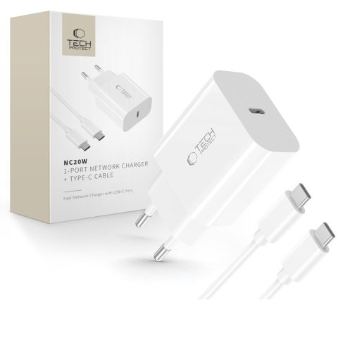 Ładowarka sieciowa USB-C z kablem USB-C PD 20W - biała Tech-Protect