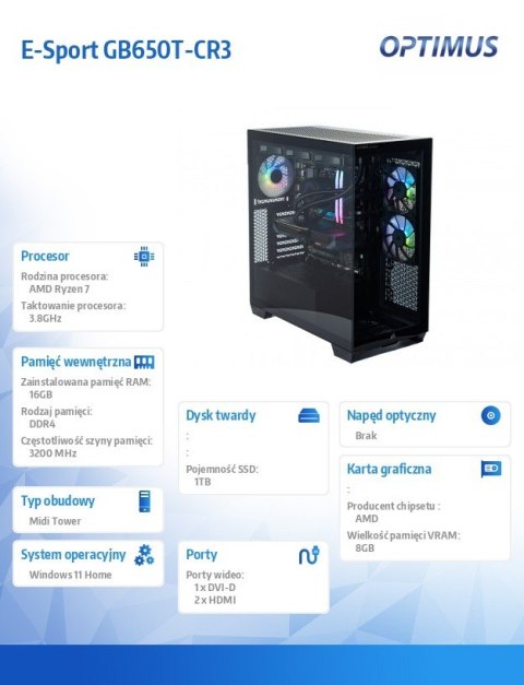 Komputer E-Sport GB550T-CR9 Ryzen 7 5800X/16GB/1TB/RX 9060 XT 8GB/W11H OPTIMUS