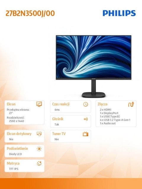 Monitor 27B2N3500J 27 cali IPS 120Hz HDMIx2 DP Pivot Głośniki Philips