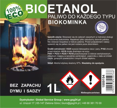Bioalkohol bioetanol BIO paliwo do biokominka 1L GSG24