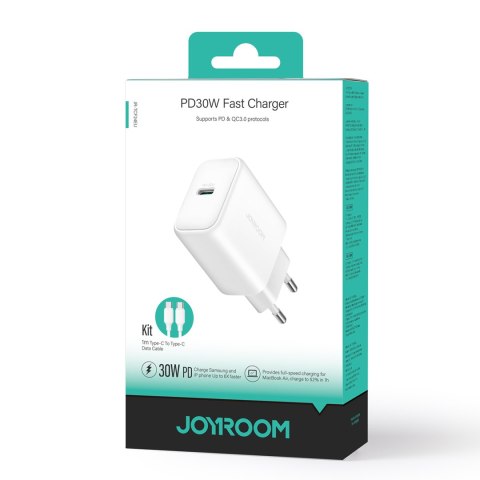 Ładowarka sieciowa USB-C PD 30W QC SFC + kabel USB-C 1m - biały JOYROOM