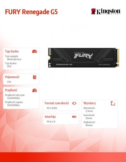 Dysk SSD Renegade G5 1TB NVMe 5.0 M.2 2280 14200/11000MB/s Kingston