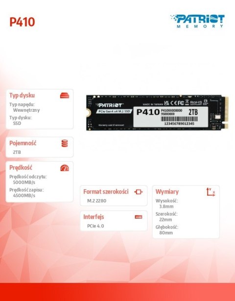 Dysk SSD 2TB P410 PCIe M.2 Gen4 x4 NVMe 1.4 2280 5000/4500MB/s Patriot