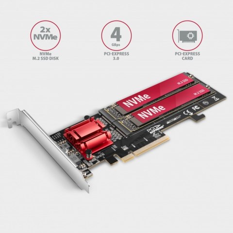 PCEM2-ND Kontroler PCIe x 8, 2x slot M.2 NVMe M-key RAID wsparcie dla płyt bez bifurkacji, w zestawie, SP & LP AXAGON