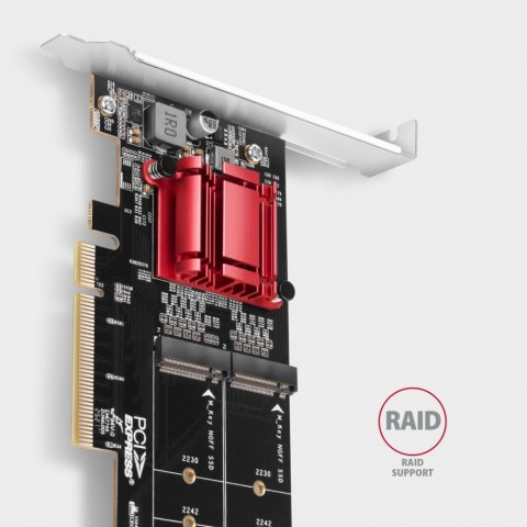 PCEM2-ND Kontroler PCIe x 8, 2x slot M.2 NVMe M-key RAID wsparcie dla płyt bez bifurkacji, w zestawie, SP & LP AXAGON