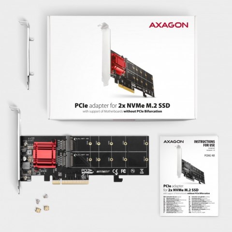 PCEM2-ND Kontroler PCIe x 8, 2x slot M.2 NVMe M-key RAID wsparcie dla płyt bez bifurkacji, w zestawie, SP & LP AXAGON