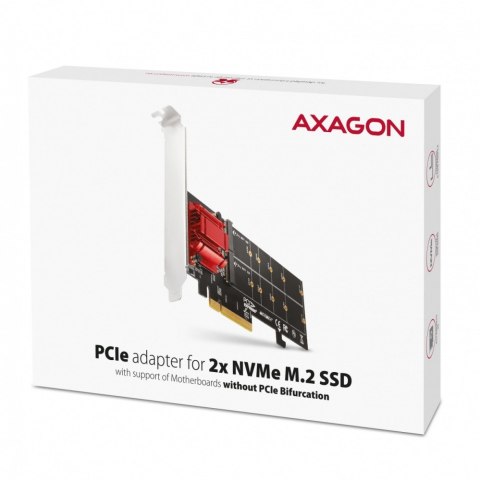 PCEM2-ND Kontroler PCIe x 8, 2x slot M.2 NVMe M-key RAID wsparcie dla płyt bez bifurkacji, w zestawie, SP & LP AXAGON