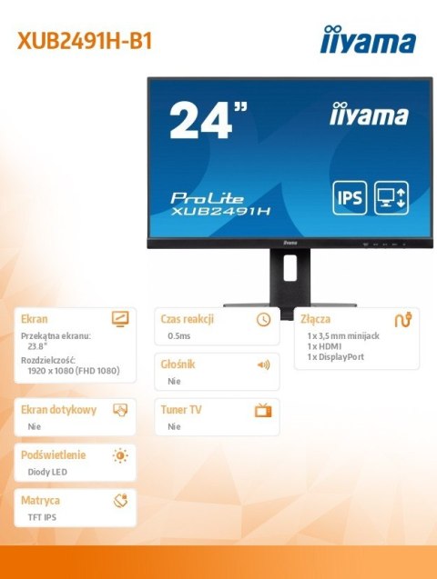 Monitor 24 cale XUB2491H-B1 IPS, HDMI, DP, HAS, Pivot IIYAMA