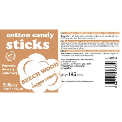 Patyczki do waty cukrowej bukowe 40cm/4mm z atestem PZH 200szt GSG24