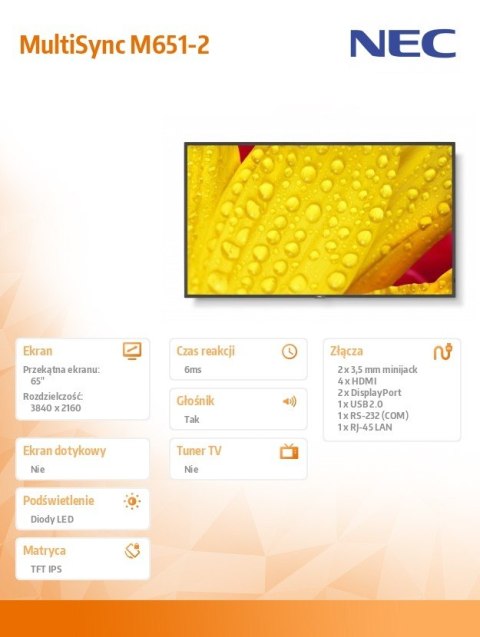 Monitor wielkoformatowy MultiSync M651-2 65 cali UHD 500cd/m2 24/7 NEC