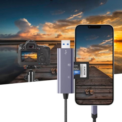 Czytnik kart pamięci SD / micro SD ze złączem iPhone Lightning / USB-A - szary Tech-Protect