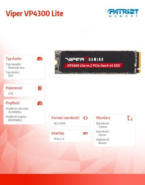 Dysk SSD 4TB Viper VP4300 Lite 7400/6000 M.2 PCIe Gen4x4 NVMe 2.0 PS5 Patriot