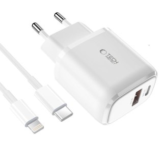 Ładowarka sieciowa USB-C PD 20W / USB-A QC 3.0 z kablem USB-C / iPhone Lightning - biała Tech-Protect