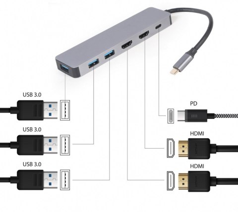 Adapter USB-C Hub USB-C PD HDMI x2 USB 3.0x3 Gembird
