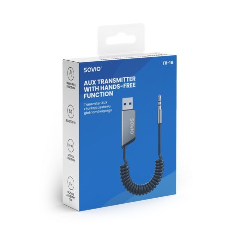 Adapter transmiter AUX z bluetooth 5.3, funkcja zestawu głośnomówiącego, TR-16 Savio