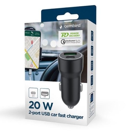 Ładowarka samochodowa USB-A/USB-C 20W PD czarna Gembird