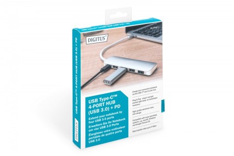 HUB/Koncentrator 4-portowy USB 3.0 SuperSpeed z Typ C Power Delivery, aluminium Digitus