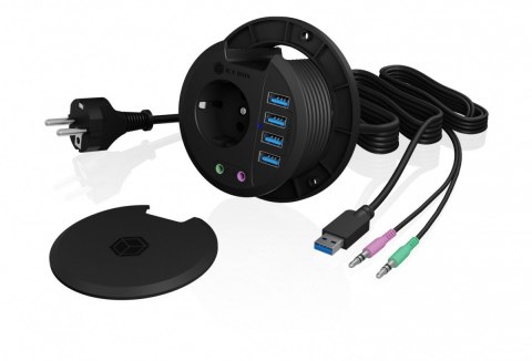 Hub biurkowy IB-HUB1430 80 mm, 4x USB 3.0 Type-A, Audio in /out, kontakt 220V IcyBox
