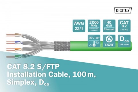 Kabel teleinformatyczny instalacyjny kat.8.2, S/FTP, Dca, AWG 22/1, LSOH, 100m, Zielony Digitus